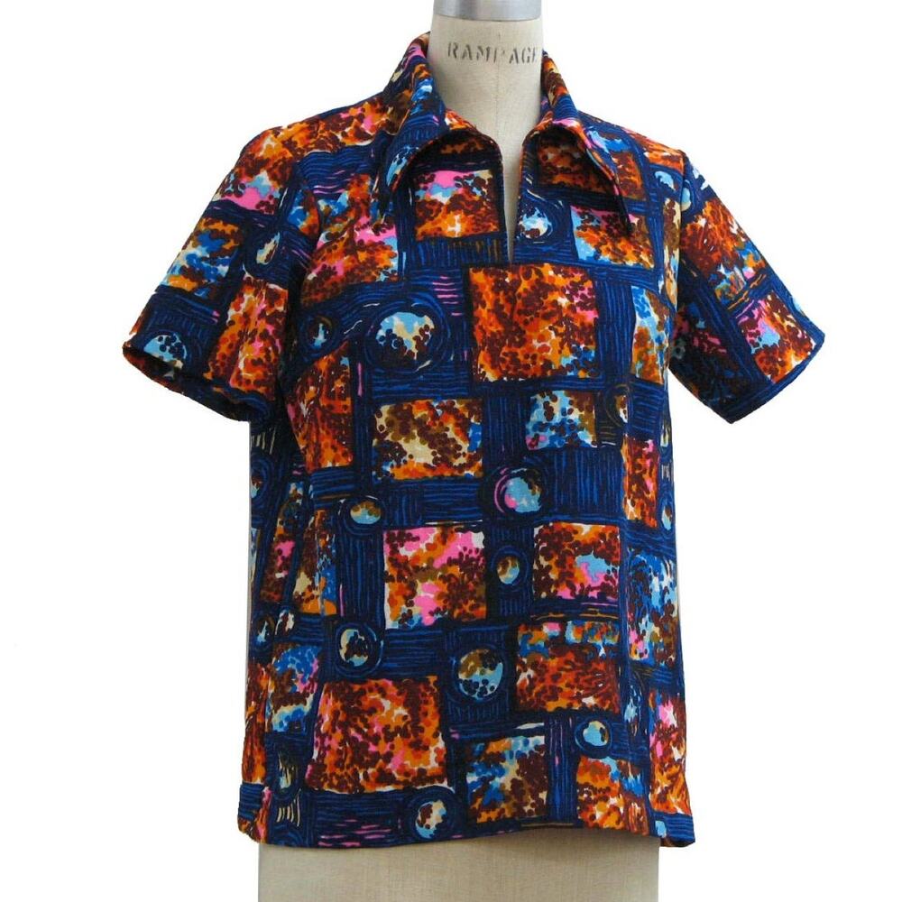 Vintage 70s Polyester Knit Abstract Print Disco Pullover Shirt Womens